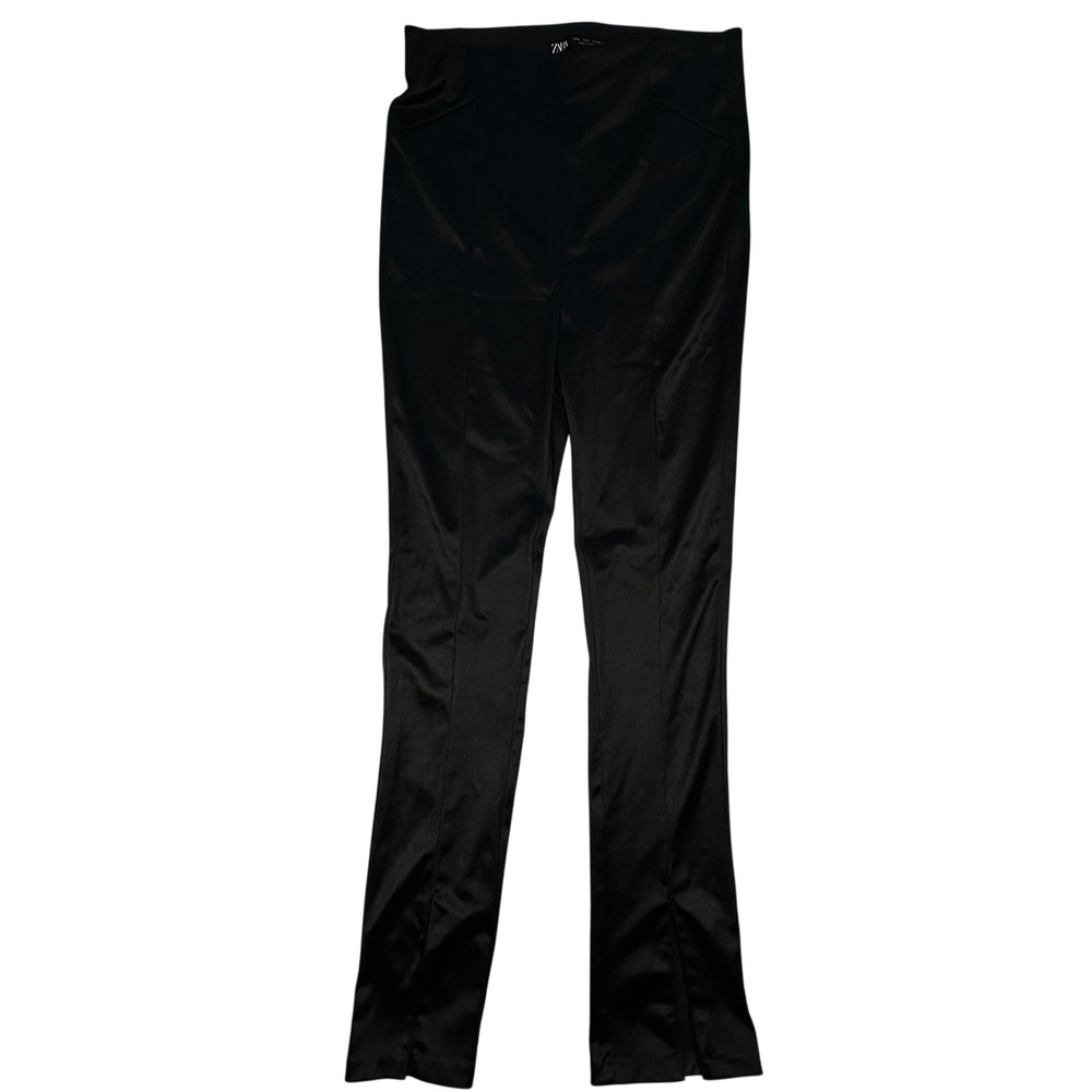 Zara Black High Waist Flared Leggings Front Seam Split Hem Size Women's Large